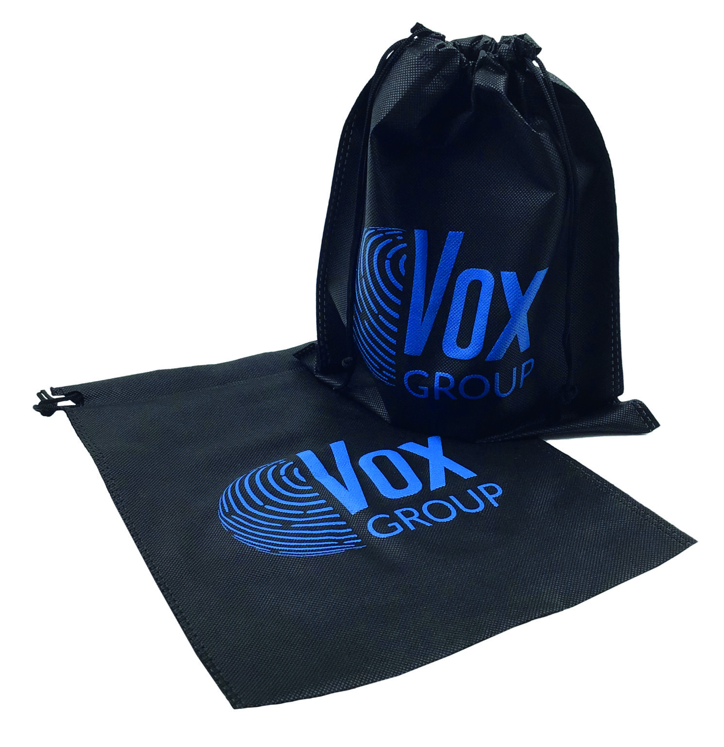 Vox Group sacchetto in TNT nero chiusura a strozzo stampa blu rifipack